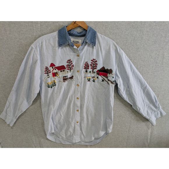 Solutions Original Shirt Women's Small Blue Button Down Top Farm Embroidered VTG - Picture 1 of 7